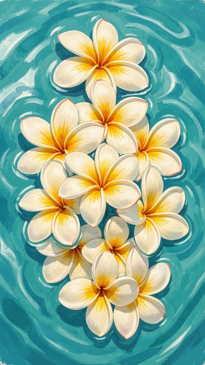 Cream and yellow plumeria flowers float clustered on rippling turquoise gouache water
