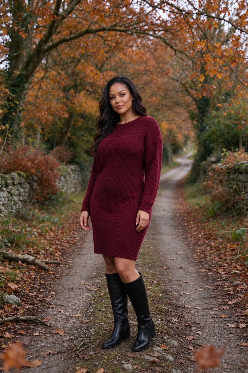 A mixed-race woman in a burgundy sweater dress stands on a leafy autumn country lane