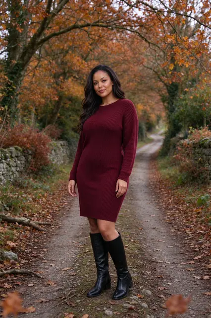 A mixed-race woman in a burgundy sweater dress stands on a leafy autumn country lane