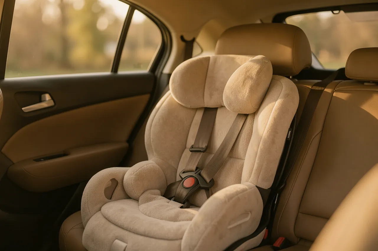 A plush light beige child car seat installed on the rear bench of a tan sedan at golden hour