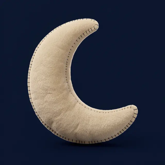 A soft cream plush crescent moon pillow with stitched seams sits against a solid navy blue background
