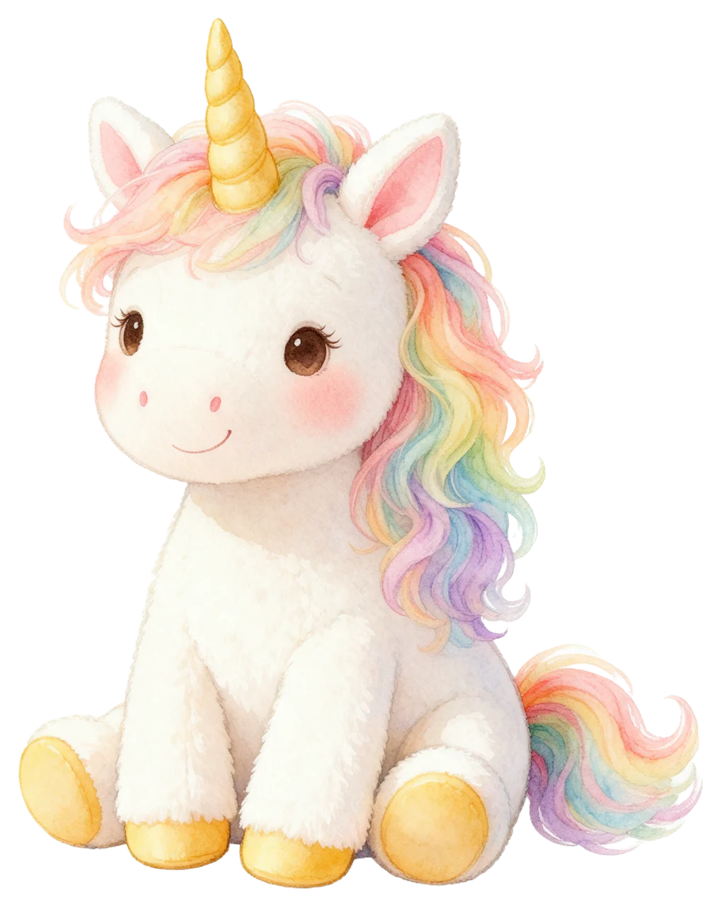 Soft watercolour illustration of a seated plush unicorn with a rainbow mane and golden horn