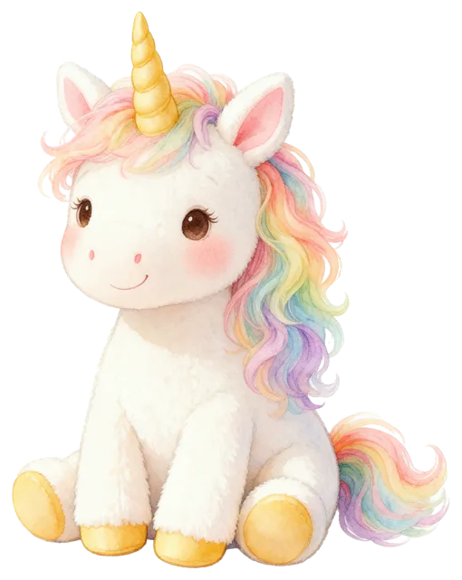Soft watercolour illustration of a seated plush unicorn with a rainbow mane and golden horn