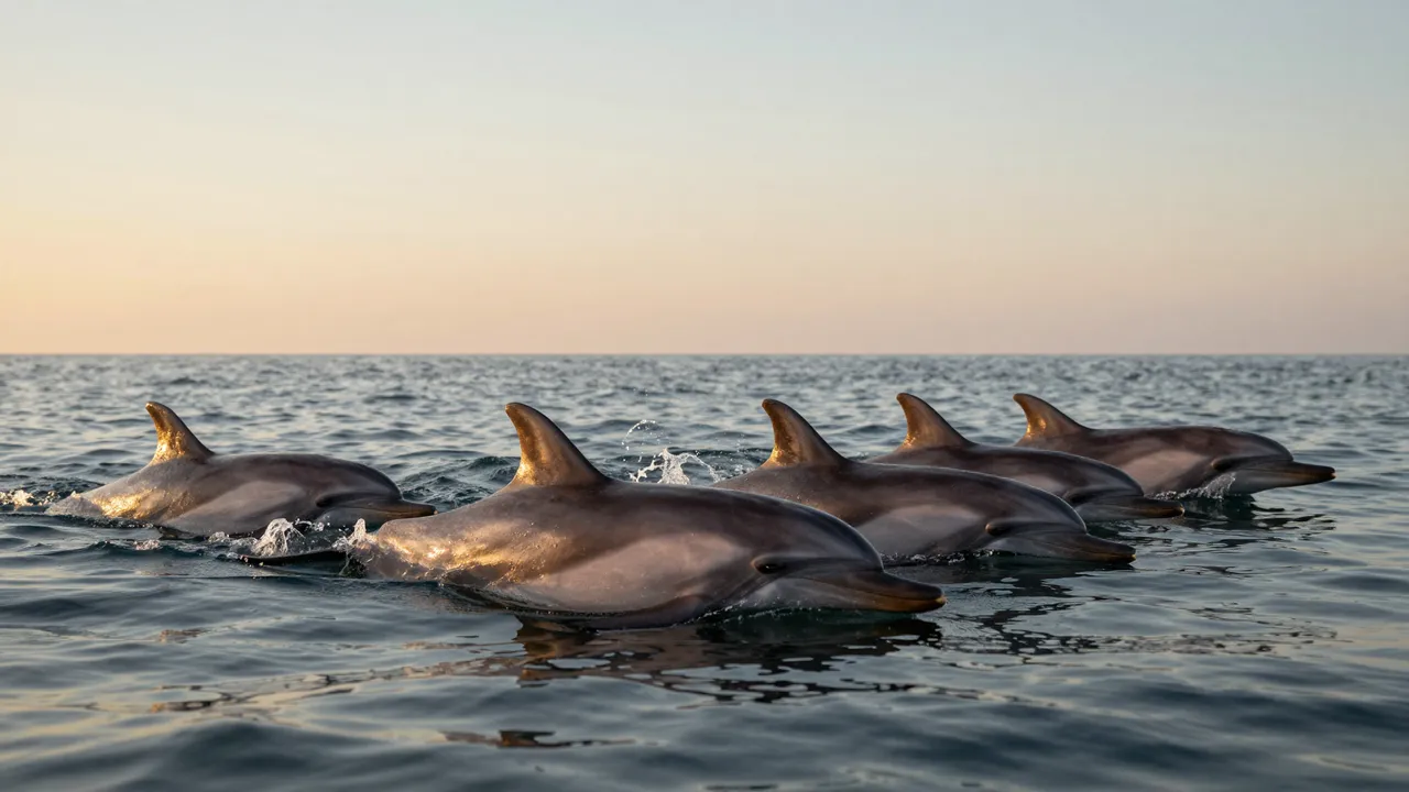 Five dolphins swim side by side at the ocean surface beneath a soft gradient sunset sky.