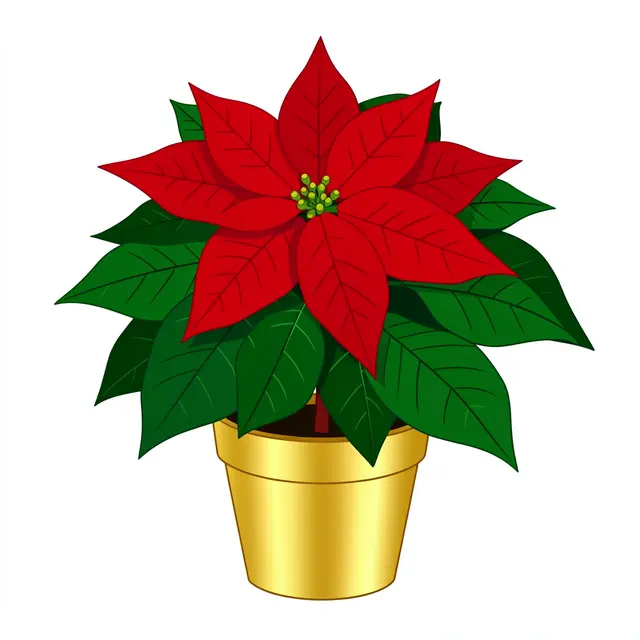 Flat clipart illustration of a red poinsettia with green leaves in a gold pot on a white background