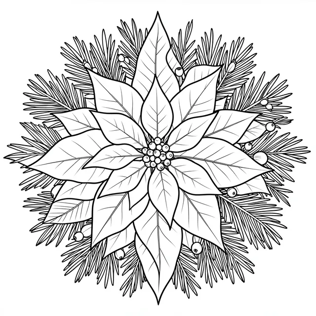 Black and white line art of a symmetrical poinsettia mandala with pine needles and berries on a plain white background