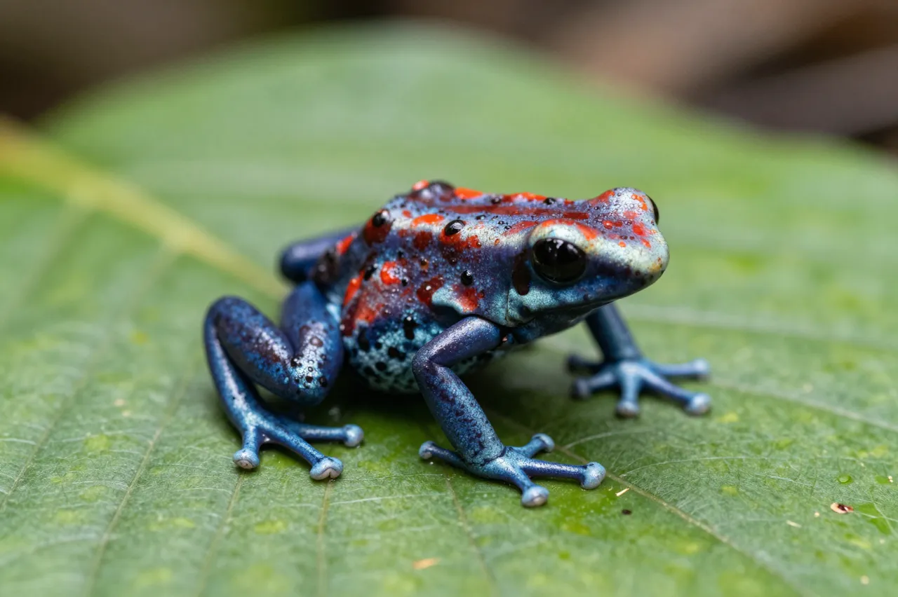 A vibrantly patterned blue and red poison dart frog rests on a wide green leaf.