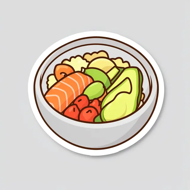 Cute flat die-cut sticker illustration of a salmon avocado poke bowl on a light gray background