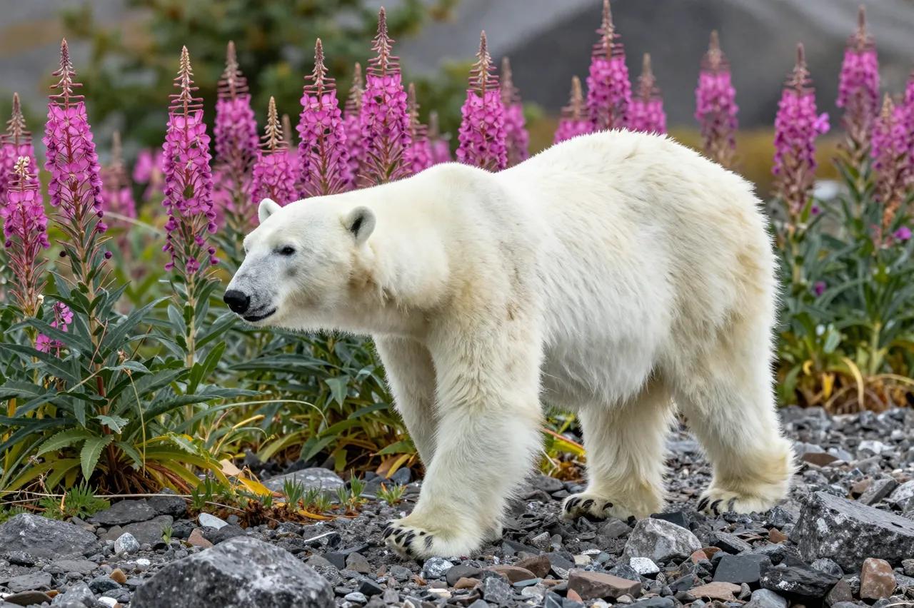 A polar bear walks slowly across a rocky shore surrounded by blooming pink fireweed