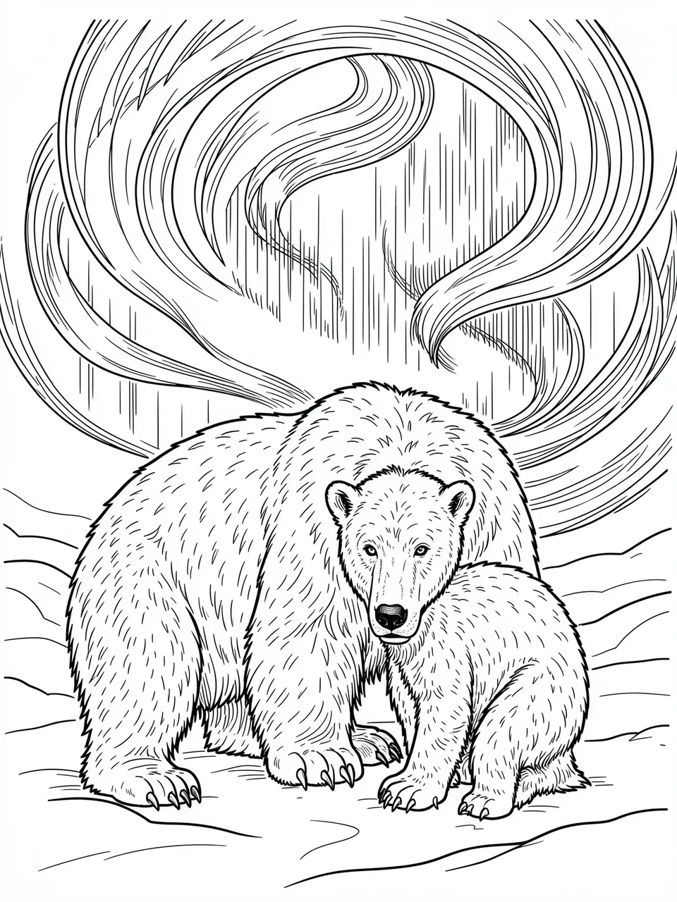 Black and white line art coloring page of a polar bear and her cub standing below swirling northern lights on a white