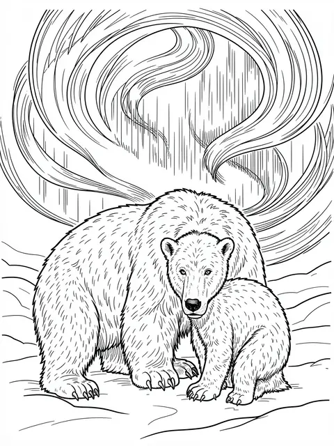Black and white line art coloring page of a polar bear and her cub standing below swirling northern lights on a white