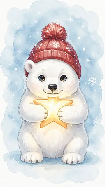 Cute polar bear cub in a red pom-pom beanie holds a glowing golden star against a soft icy blue watercolor background with