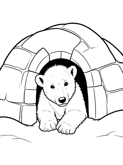 Black and white line art of a polar bear cub peeking out from the entrance of an igloo