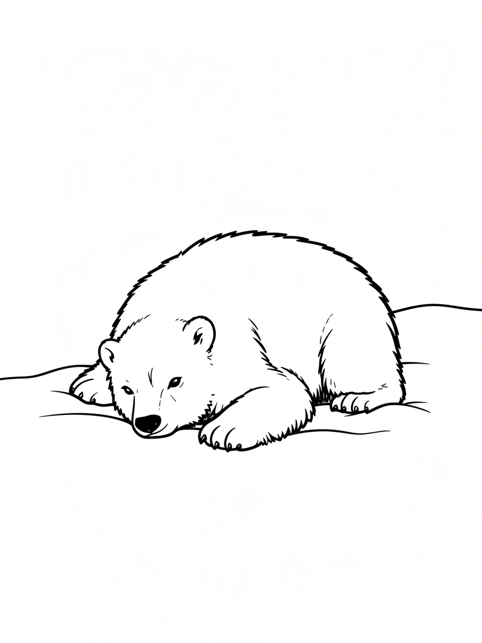 Bold black line art of a resting polar bear cub on a plain white background, suitable for a coloring page.