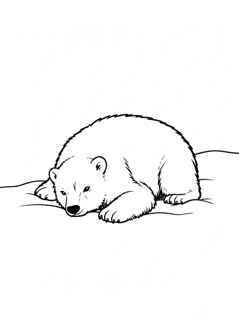 Bold black line art of a resting polar bear cub on a plain white background, suitable for a coloring page.