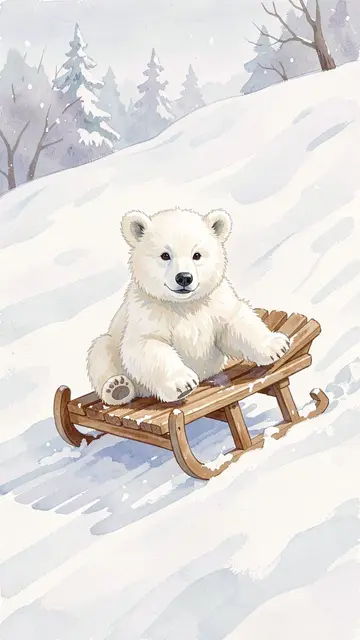 A fluffy polar bear cub sits on a wooden toboggan sliding down a snowy winter hillside