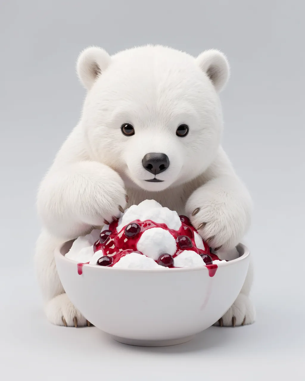 A fluffy white polar bear cub sits behind a bowl of snow ice cream drizzled with red berry syrup
