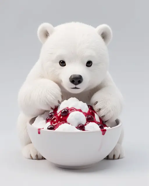 A fluffy white polar bear cub sits behind a bowl of snow ice cream drizzled with red berry syrup
