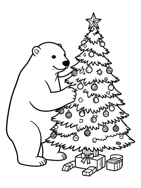 Black and white bold line art of a polar bear placing ornaments on a decorated Christmas tree with wrapped gifts underneath.