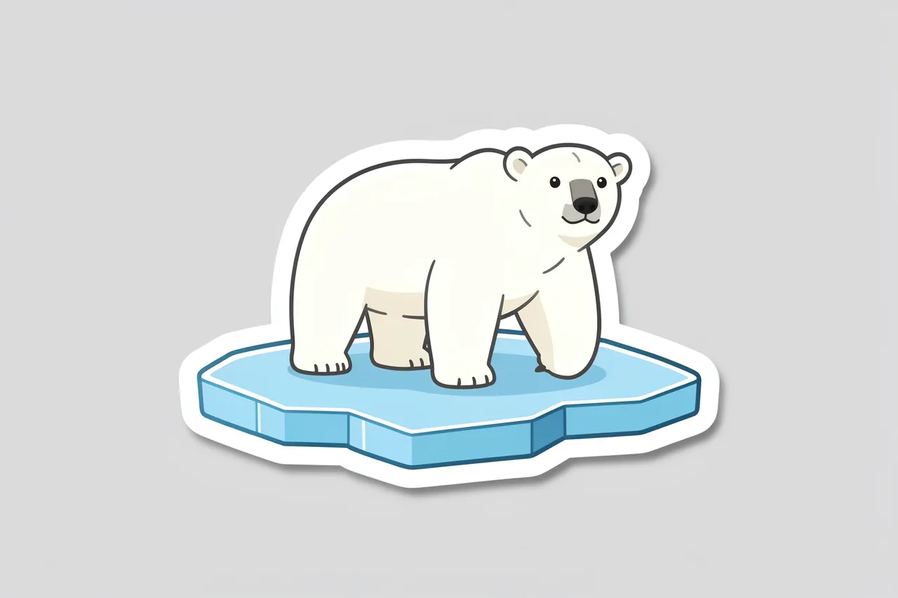 Cute flat illustration die-cut sticker of a polar bear standing on an ice floe, set against a plain light gray background