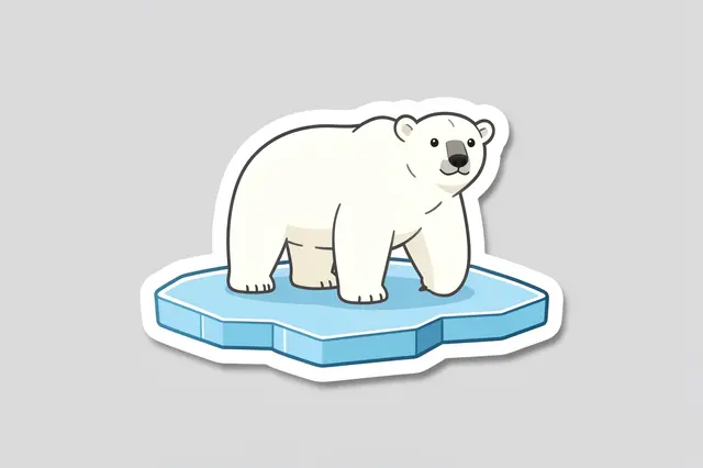 Cute flat illustration die-cut sticker of a polar bear standing on an ice floe, set against a plain light gray background