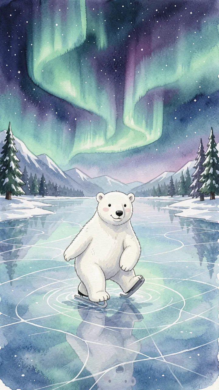 A cute cartoon polar bear ice skates on a frozen lake beneath swirling green and purple northern lights