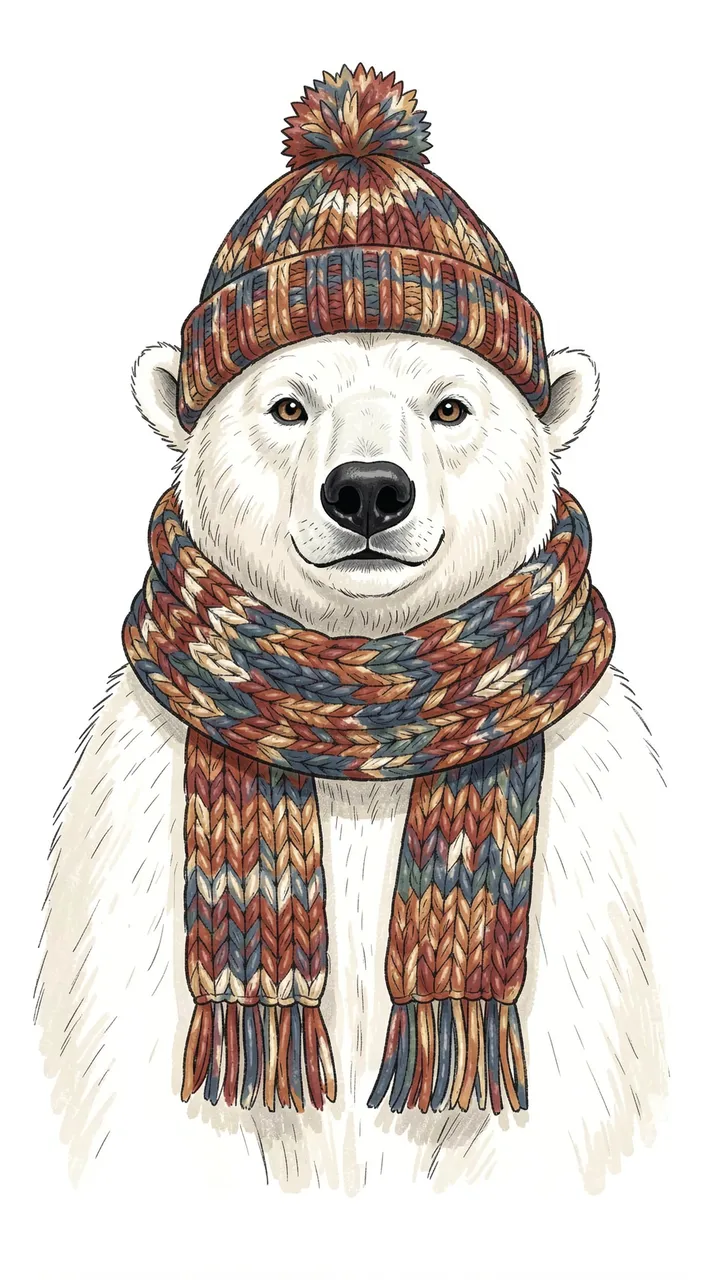 Illustration of a friendly polar bear wearing a patterned knitted pom-pom hat and matching scarf against a plain white