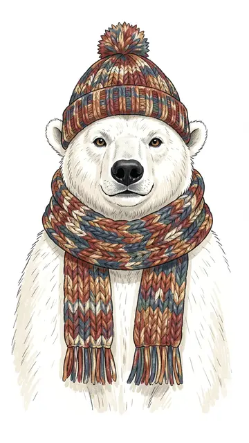 Illustration of a friendly polar bear wearing a patterned knitted pom-pom hat and matching scarf against a plain white