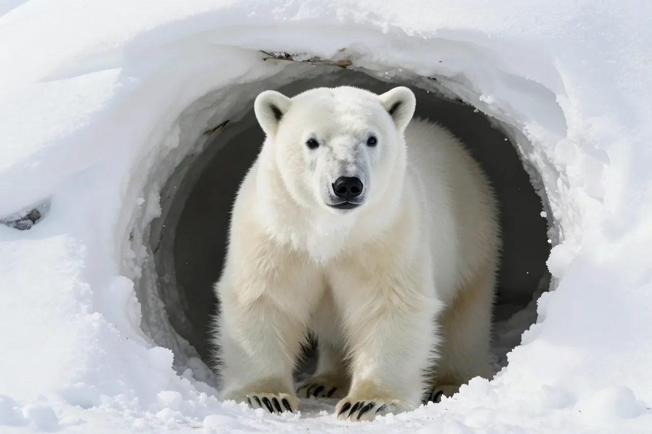 A fluffy polar bear stands peering out from the circular entrance of a snow den.