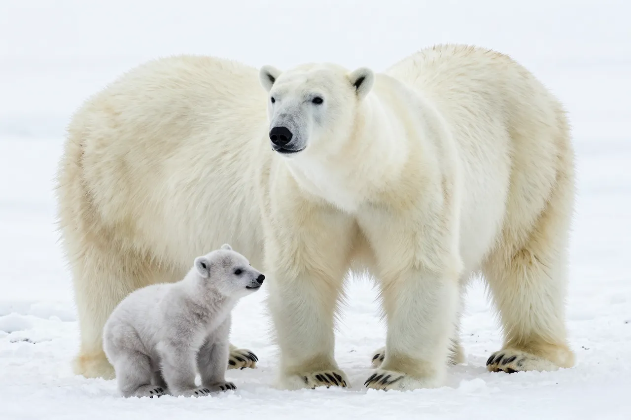 A polar bear mother stands beside her sitting cub on bright arctic snow