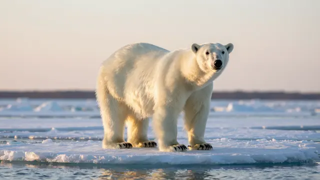 A polar bear stands on a small floating ice floe under warm soft sunset light across arctic sea ice.