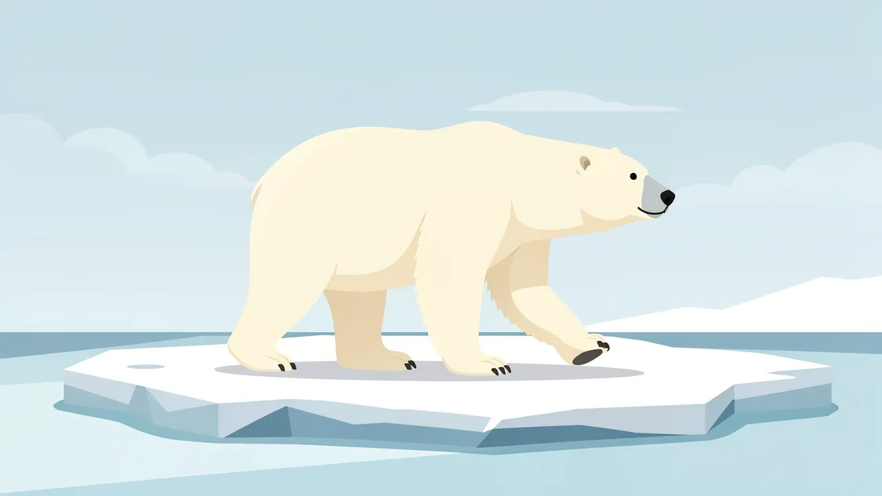 A flat vector polar bear walks across a small ice floe under a pale arctic sky
