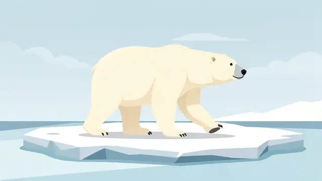 A flat vector polar bear walks across a small ice floe under a pale arctic sky