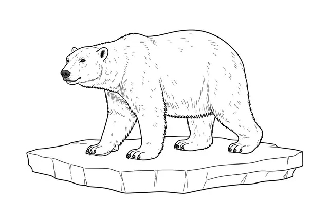 Black line illustration of a polar bear standing on a floating ice floe against a plain white background