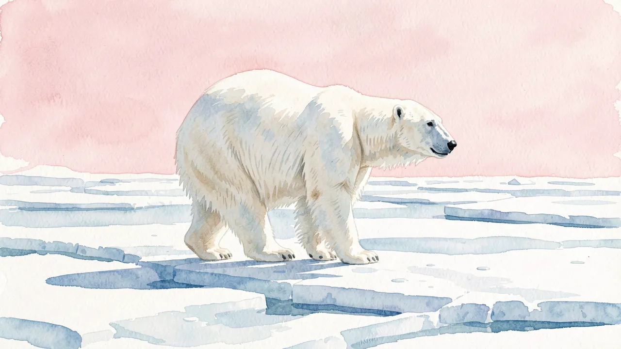 Watercolor painting of a polar bear standing on sea ice under a soft pale pink sky
