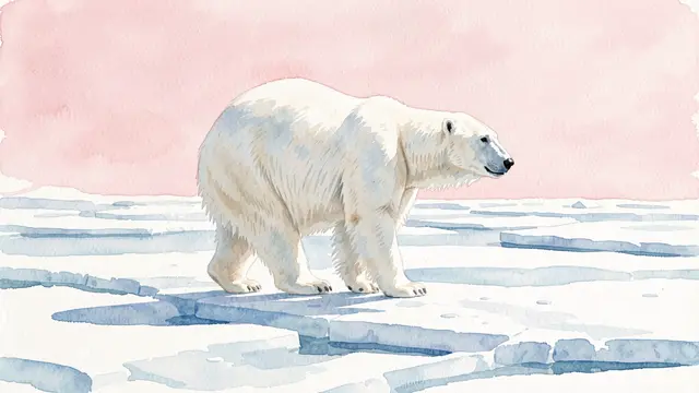 Watercolor painting of a polar bear standing on sea ice under a soft pale pink sky
