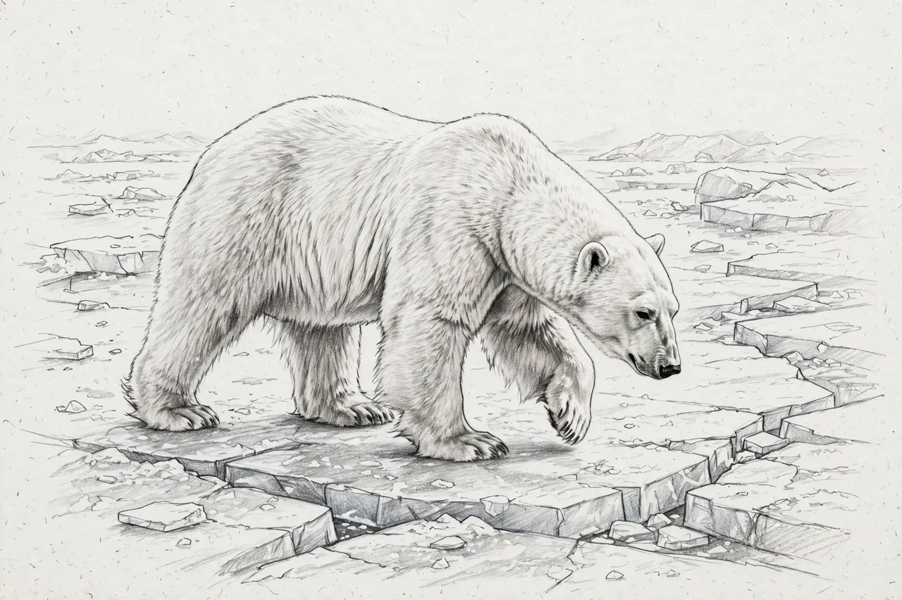Graphite pencil sketch of a polar bear walking across cracked sea ice with its head lowered