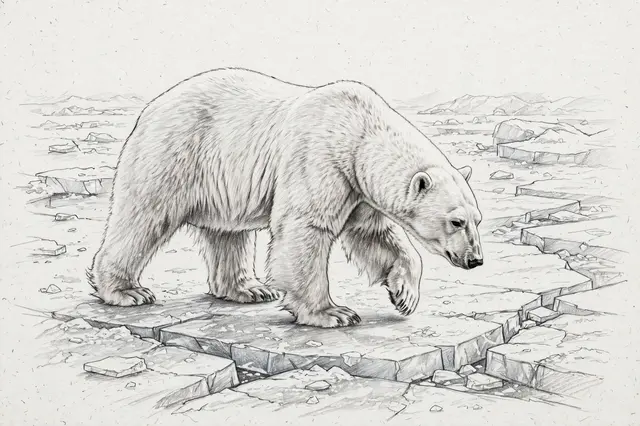 Graphite pencil sketch of a polar bear walking across cracked sea ice with its head lowered