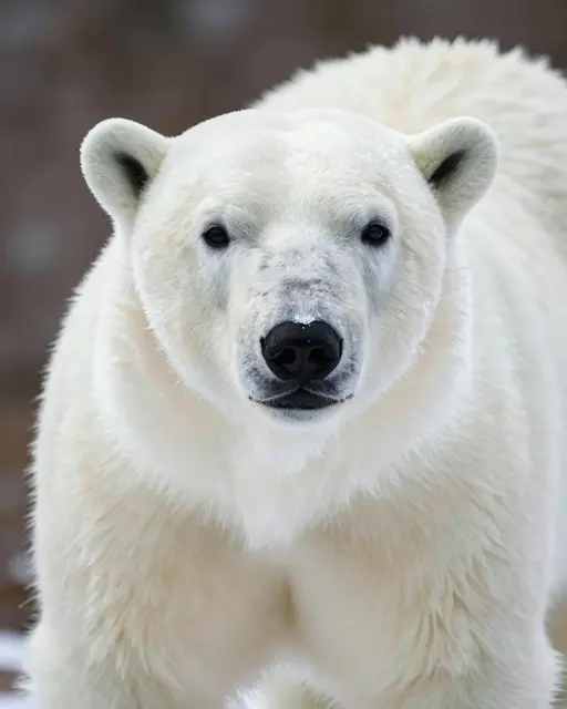 Close-up portrait of a polar bear with fine snow resting on its face, looking directly at the camera
