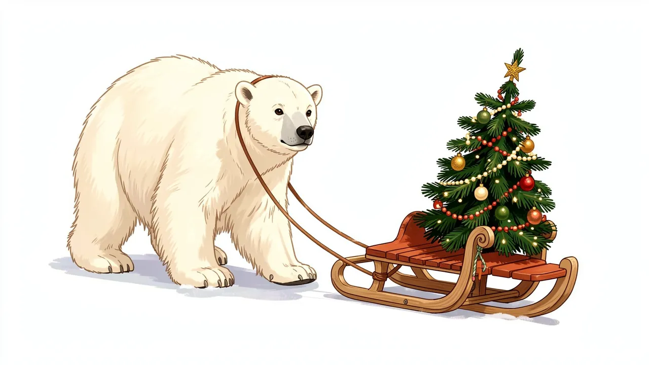 Cartoon storybook polar bear cub pulls a wooden sled holding a decorated small Christmas tree