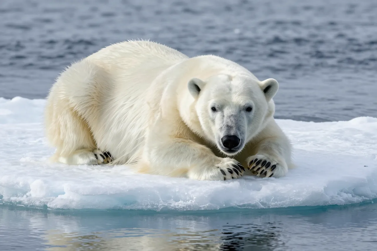 A polar bear lies relaxed on a small ice floe surrounded by calm arctic ocean water.