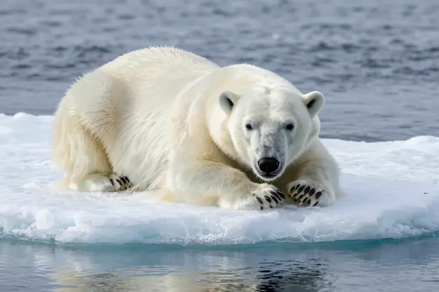 A polar bear lies relaxed on a small ice floe surrounded by calm arctic ocean water.