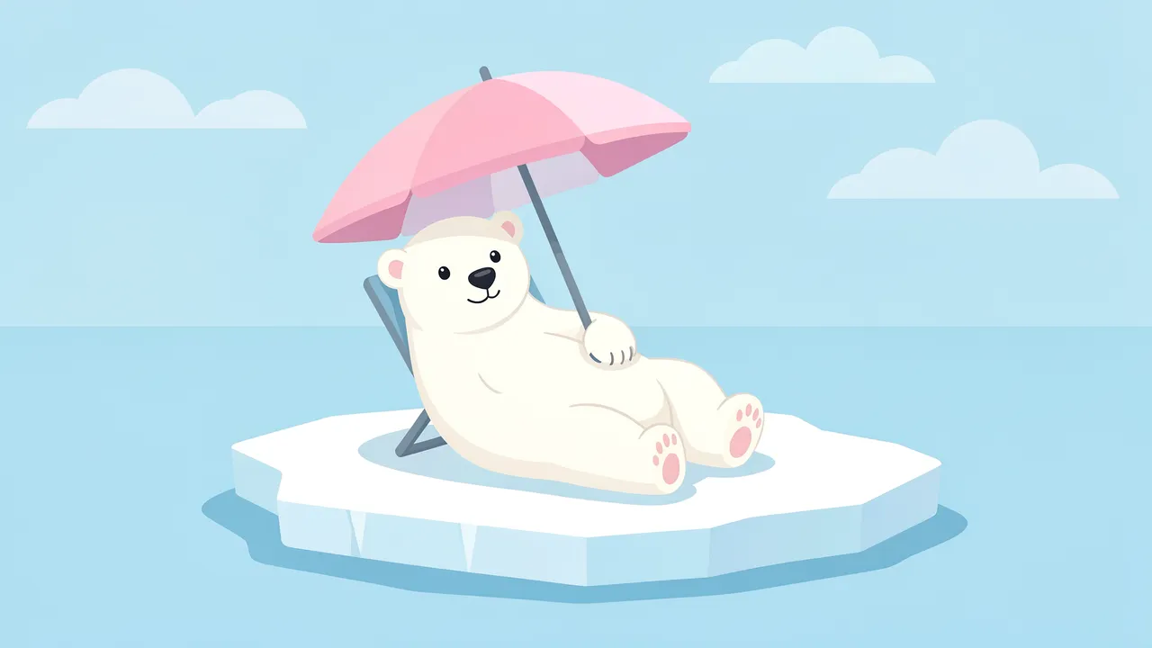 A cute cartoon polar bear relaxes on a lounge chair holding a pink umbrella atop a small ice floe in calm polar waters.