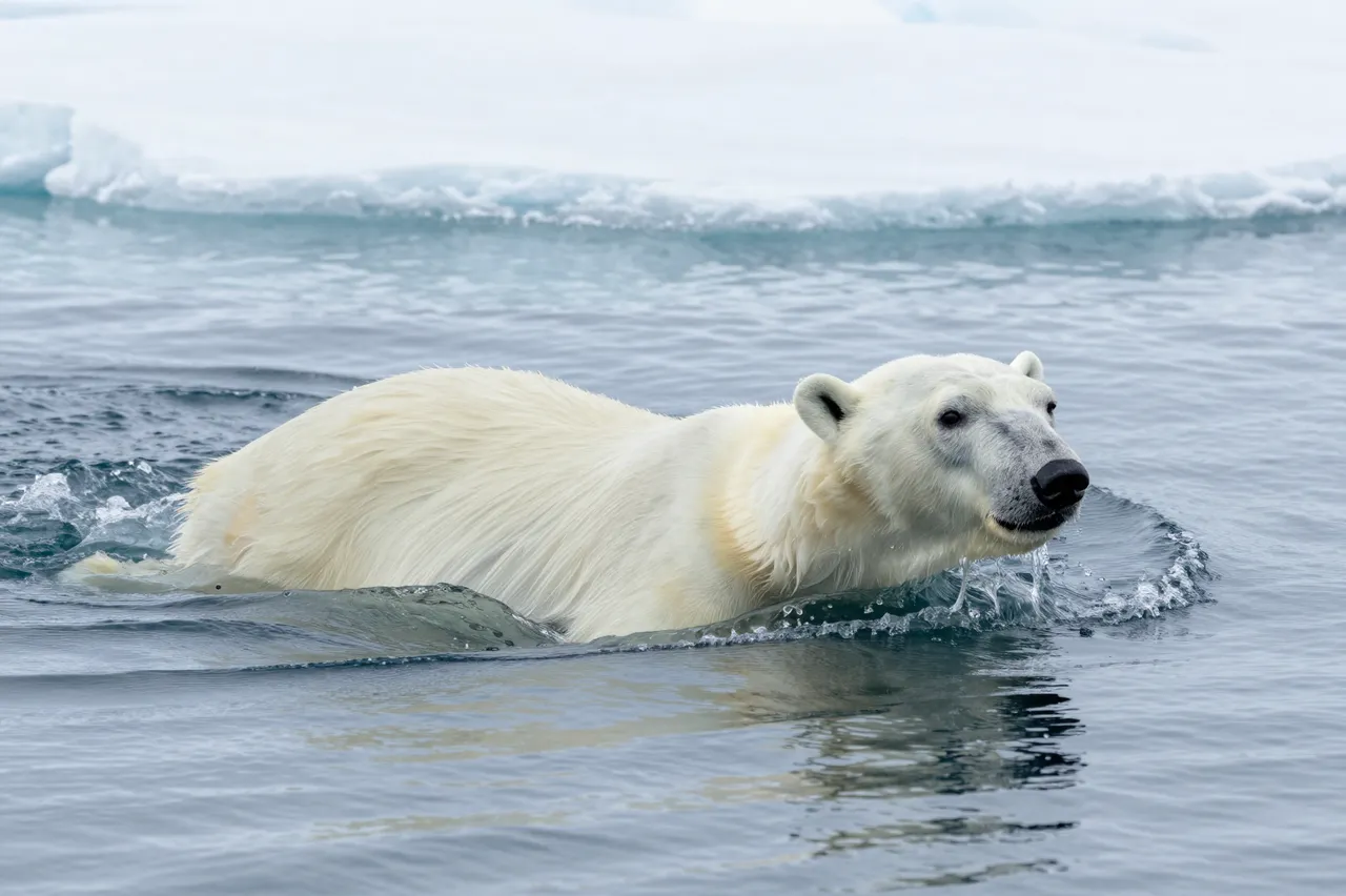 A wet-furred polar bear swims partially submerged in icy arctic sea near pack ice
