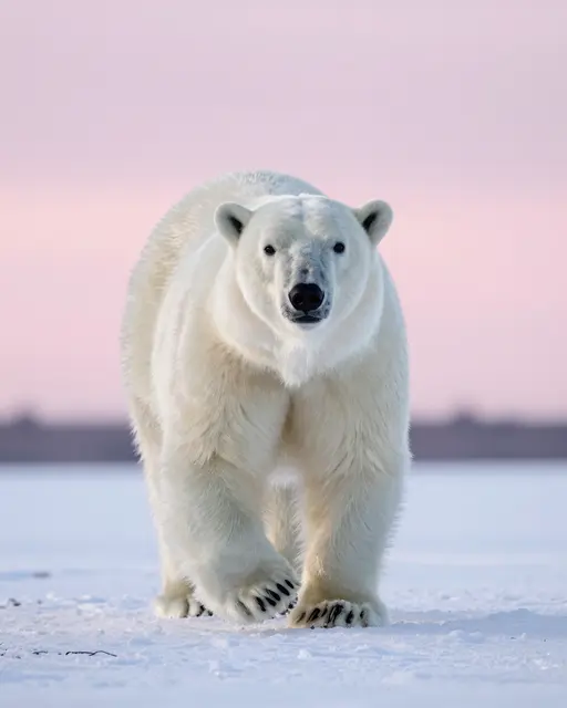 A polar bear walks toward the camera across snowy arctic ground beneath a soft pink winter sky
