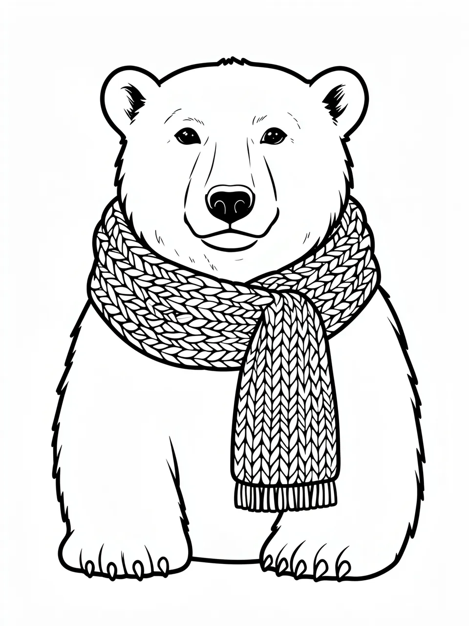 Black and white line art of a friendly polar bear wearing a knitted winter scarf on a plain white background