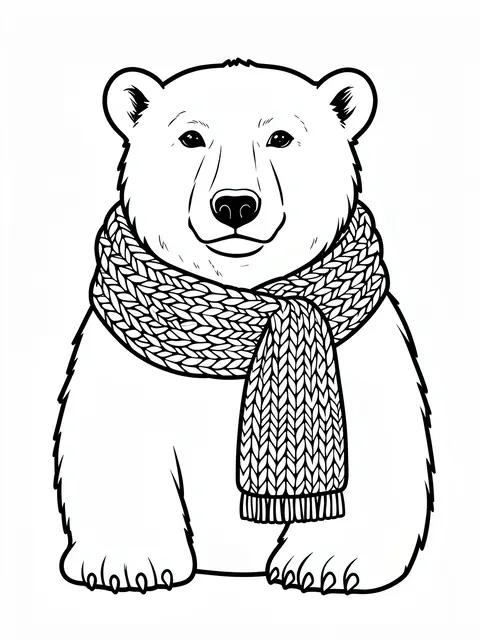 Black and white line art of a friendly polar bear wearing a knitted winter scarf on a plain white background