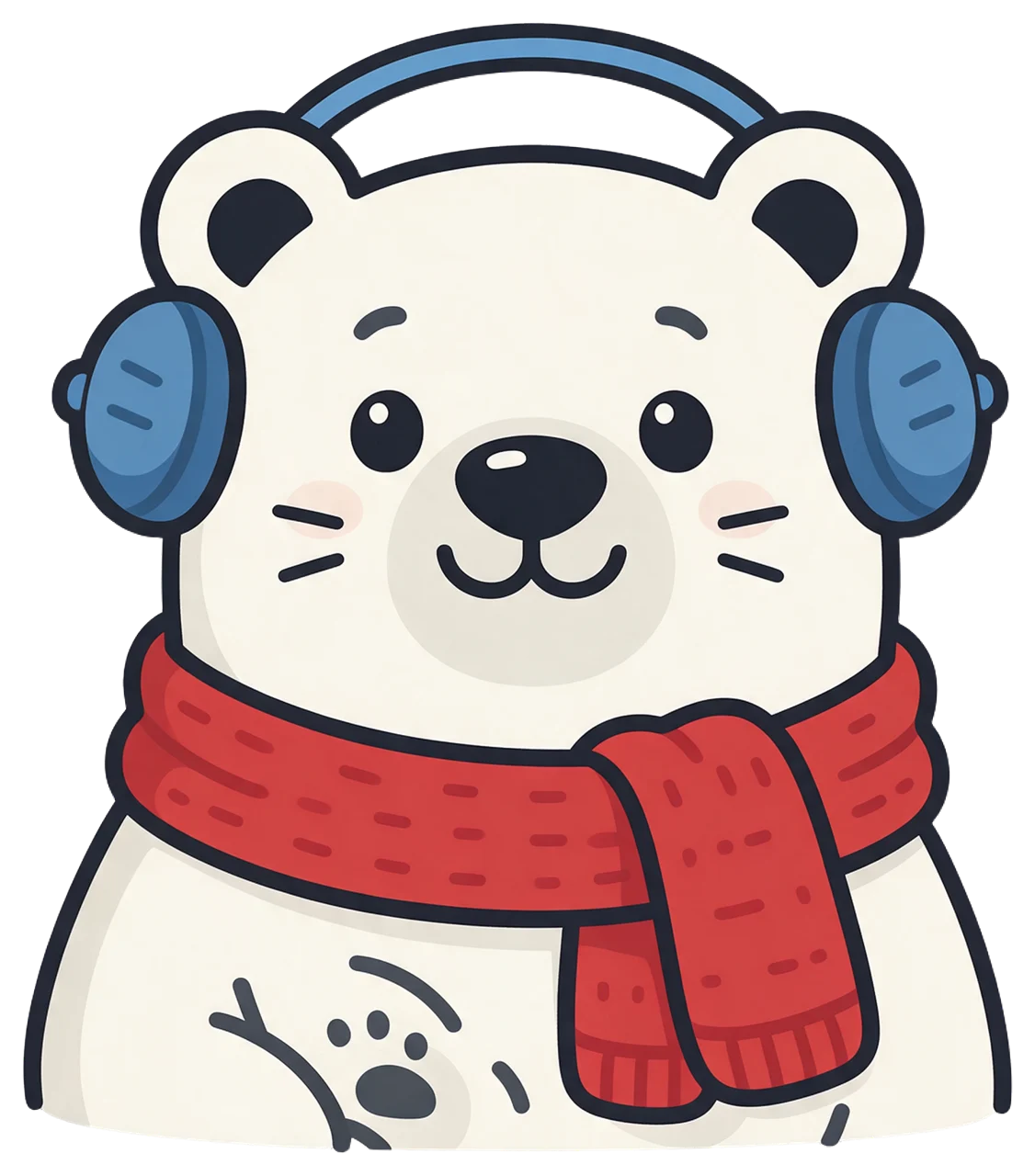 Cute cartoon polar bear wearing a red knitted scarf and blue earmuffs, smiling at the viewer