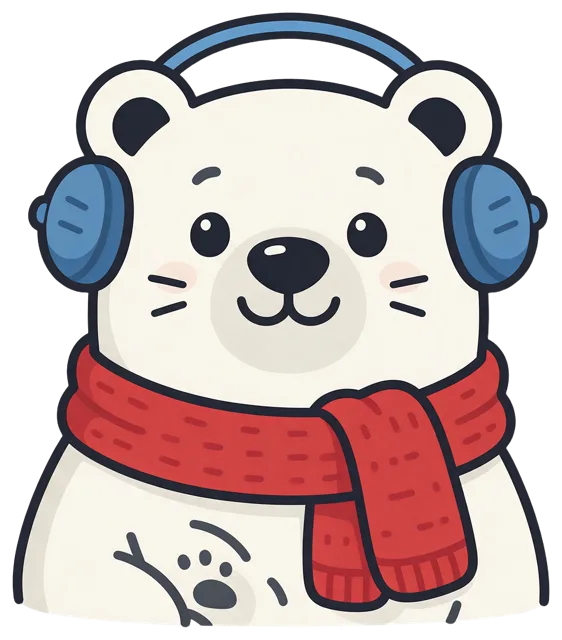 Cute cartoon polar bear wearing a red knitted scarf and blue earmuffs, smiling at the viewer