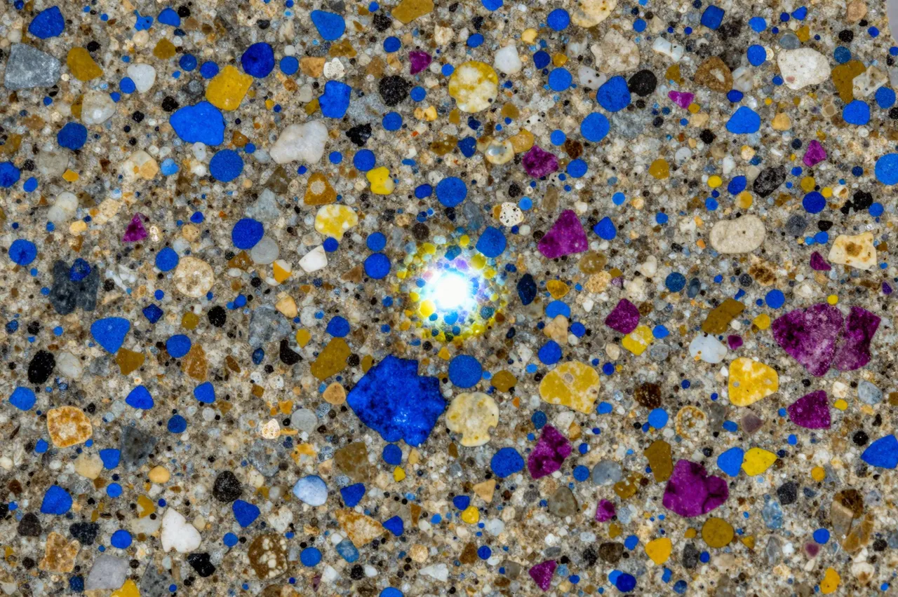 Close-up view of a granite thin section under polarized light showing multicolored mineral grains